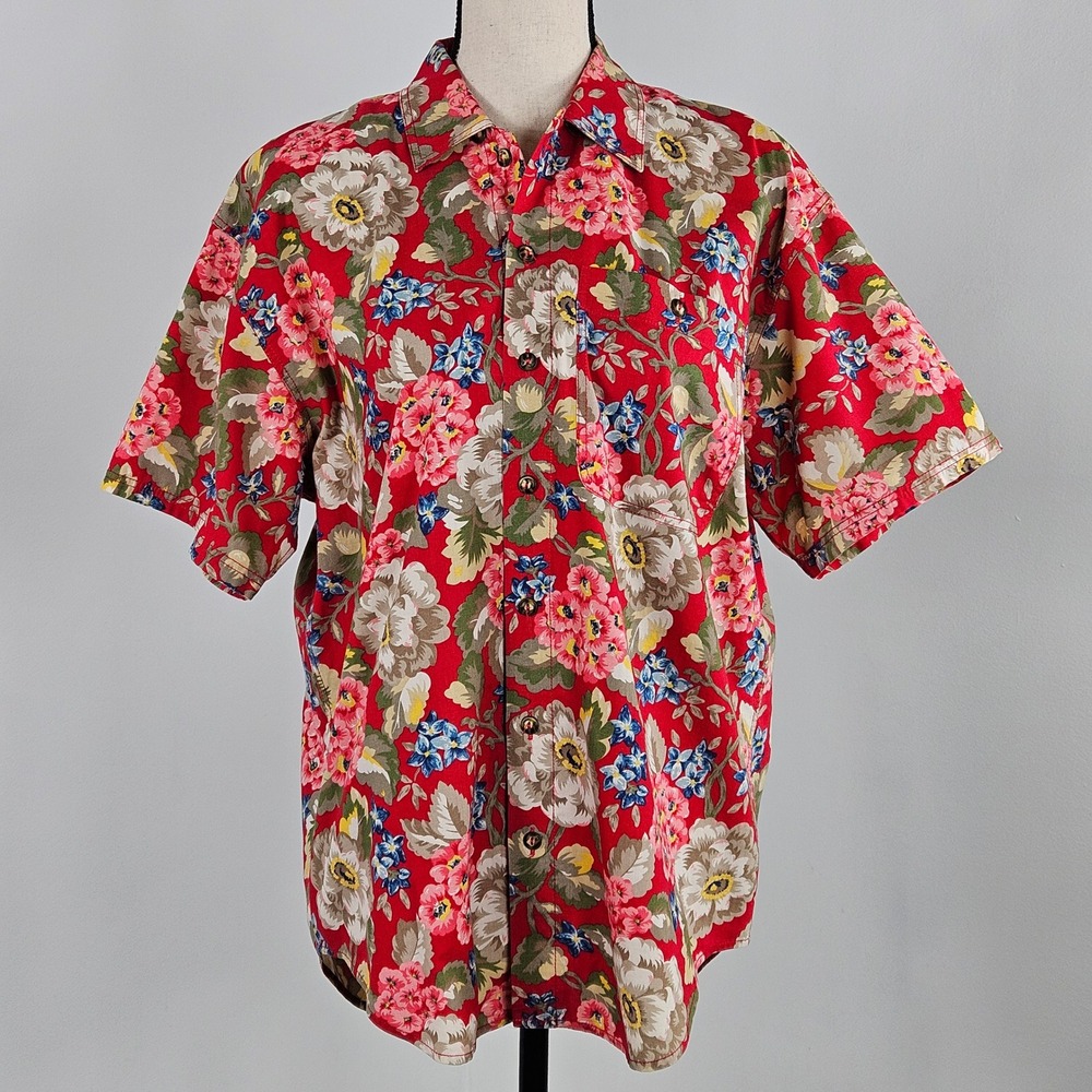 Vintage Lizwear Button Down Shirt Womens M Red Floral Short Sleeve Cotton